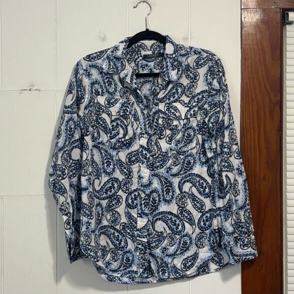 Lauren Ralph Lauren Blue Printed Button Down Shirt Size Large - Picture 1 of 4